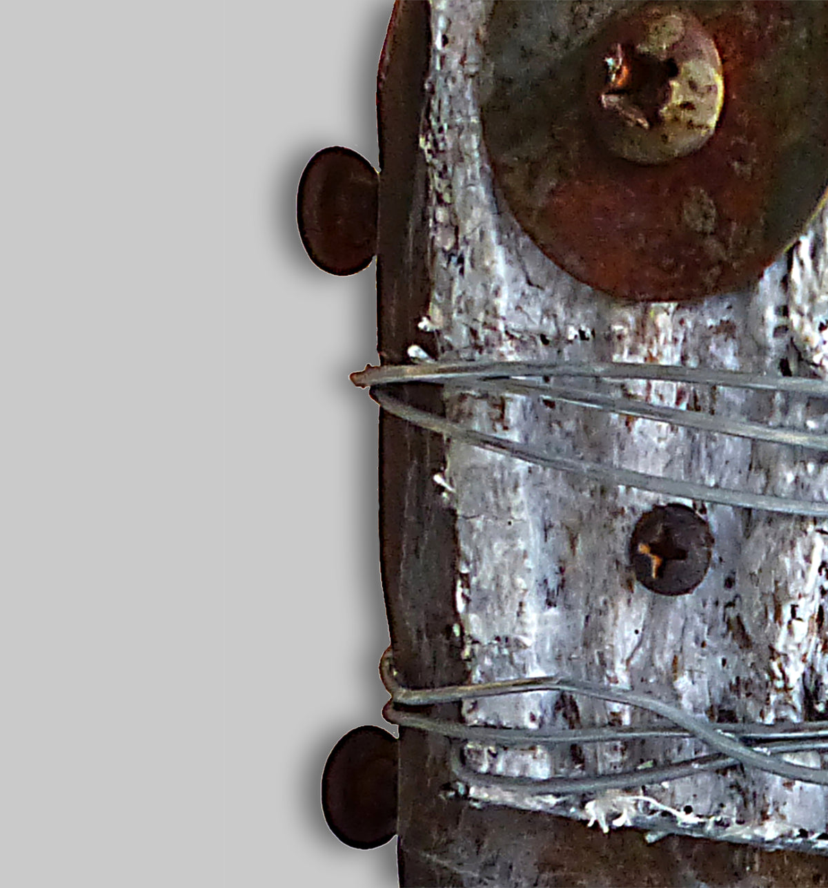 Close up view of the rustic sculpture by Robert Schott