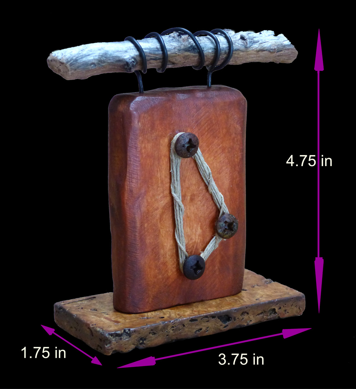 Dimensions in inches of small rustic sculpture titled 'Twine and Steel' by Robert Schott.