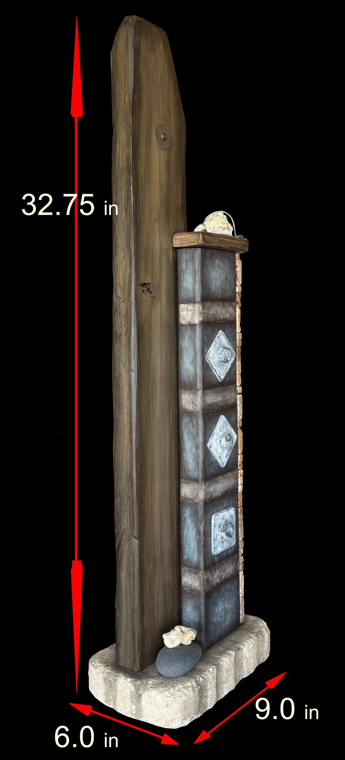 Dimensions in inches for rustic sculpture titled, Steel, by Robert Schott