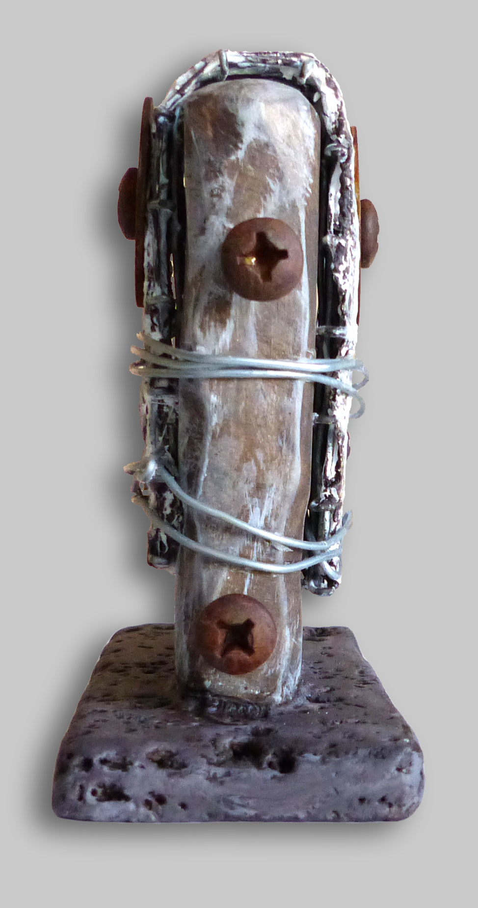 Side view of the rustic sculpture inspired by the Wabi-Sabi aesthetic.